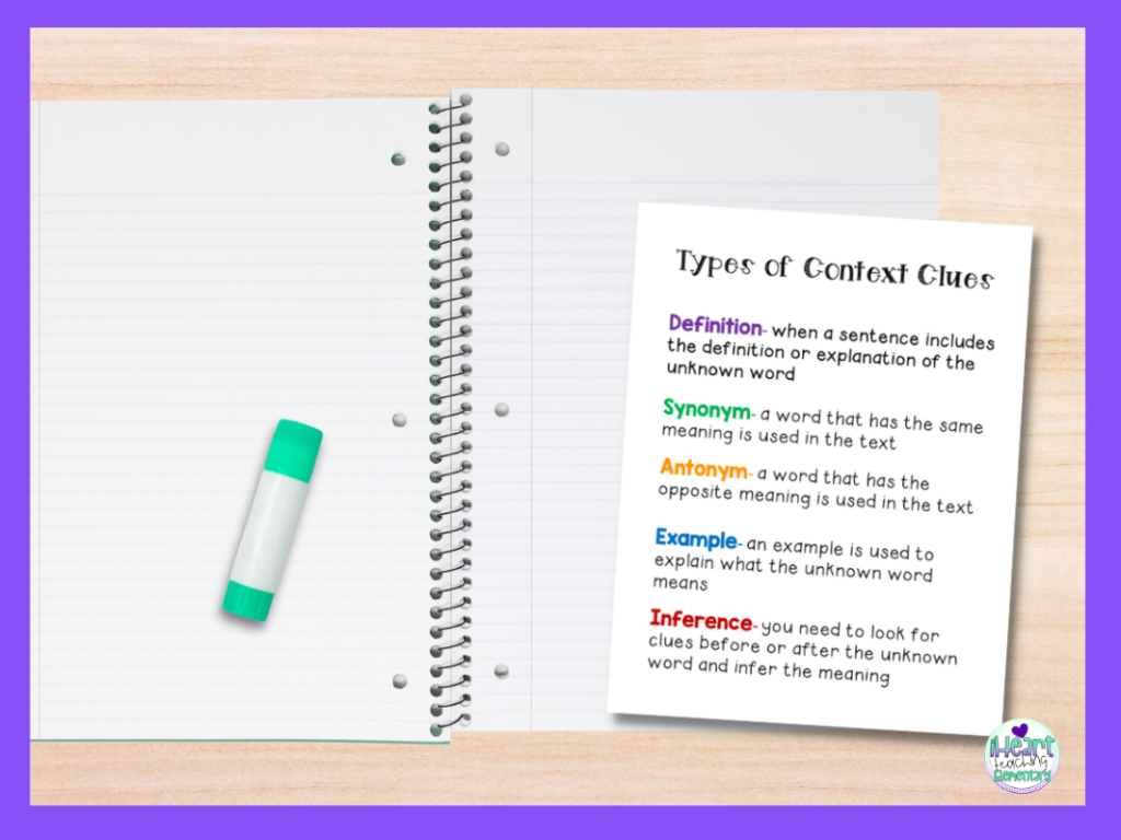 Notebook with a sheet of paper that includes the different types of context clues.