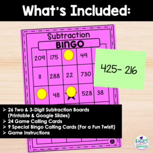2 and 3 Digit Subtraction with Regrouping Bingo Game