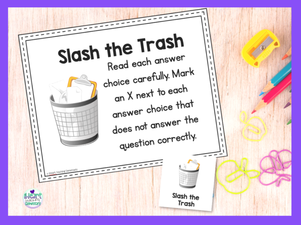 a desk with school supplies and the Slash the Trash reading test-taking strategy poster laying on top.