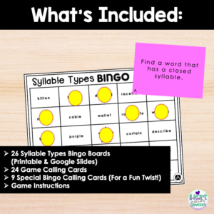 Syllable Types Bingo Game